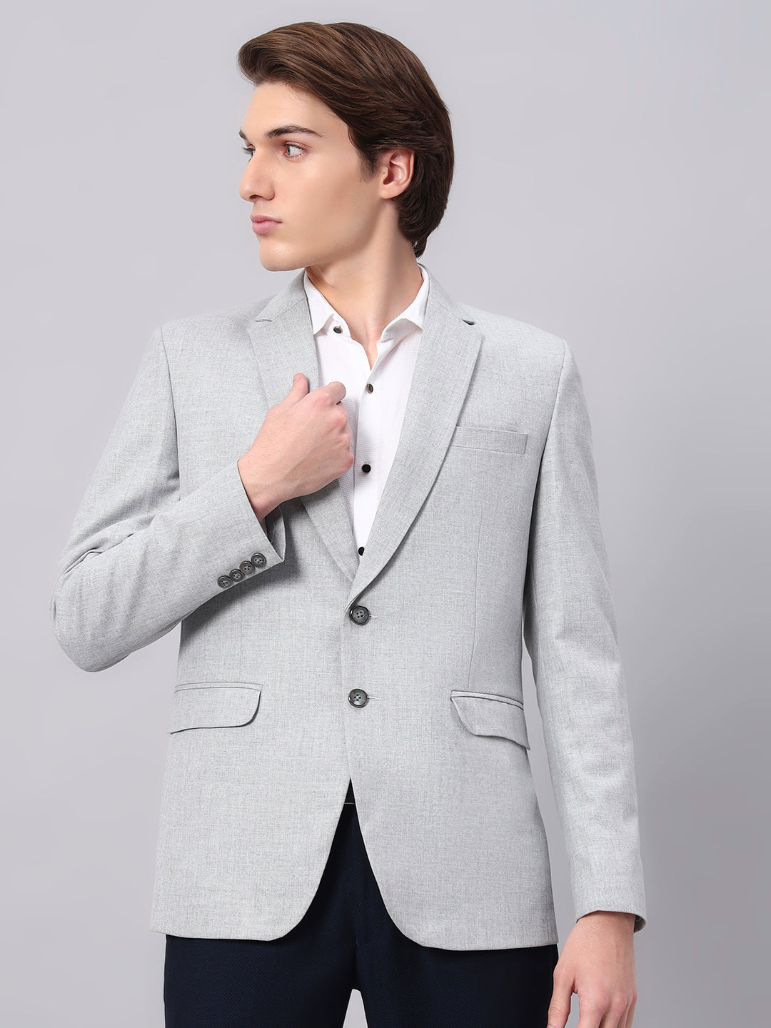 Smart casual styling with light grey blazer for men