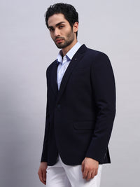 Classic navy blue stretchable blazer styled for professional look