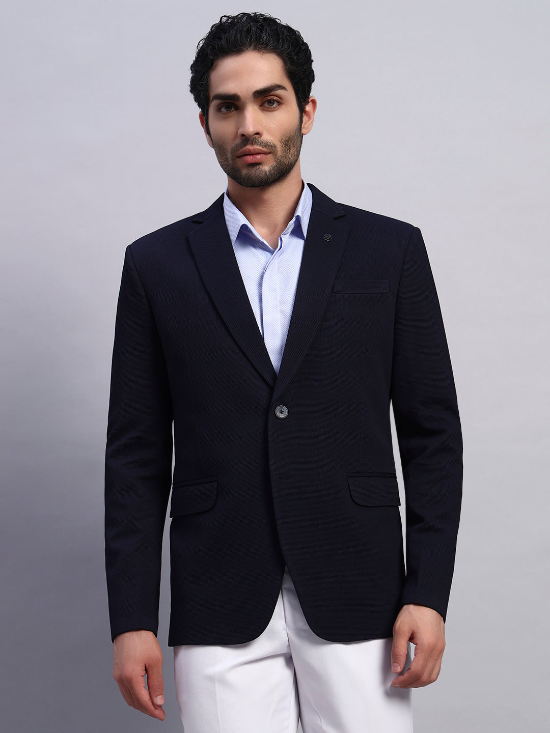 Dynamic fit navy blazer designed for comfort and movement