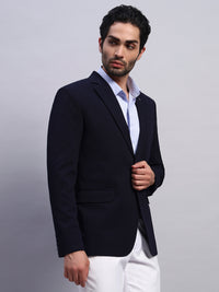 Smart motion styling with navy stretch blazer