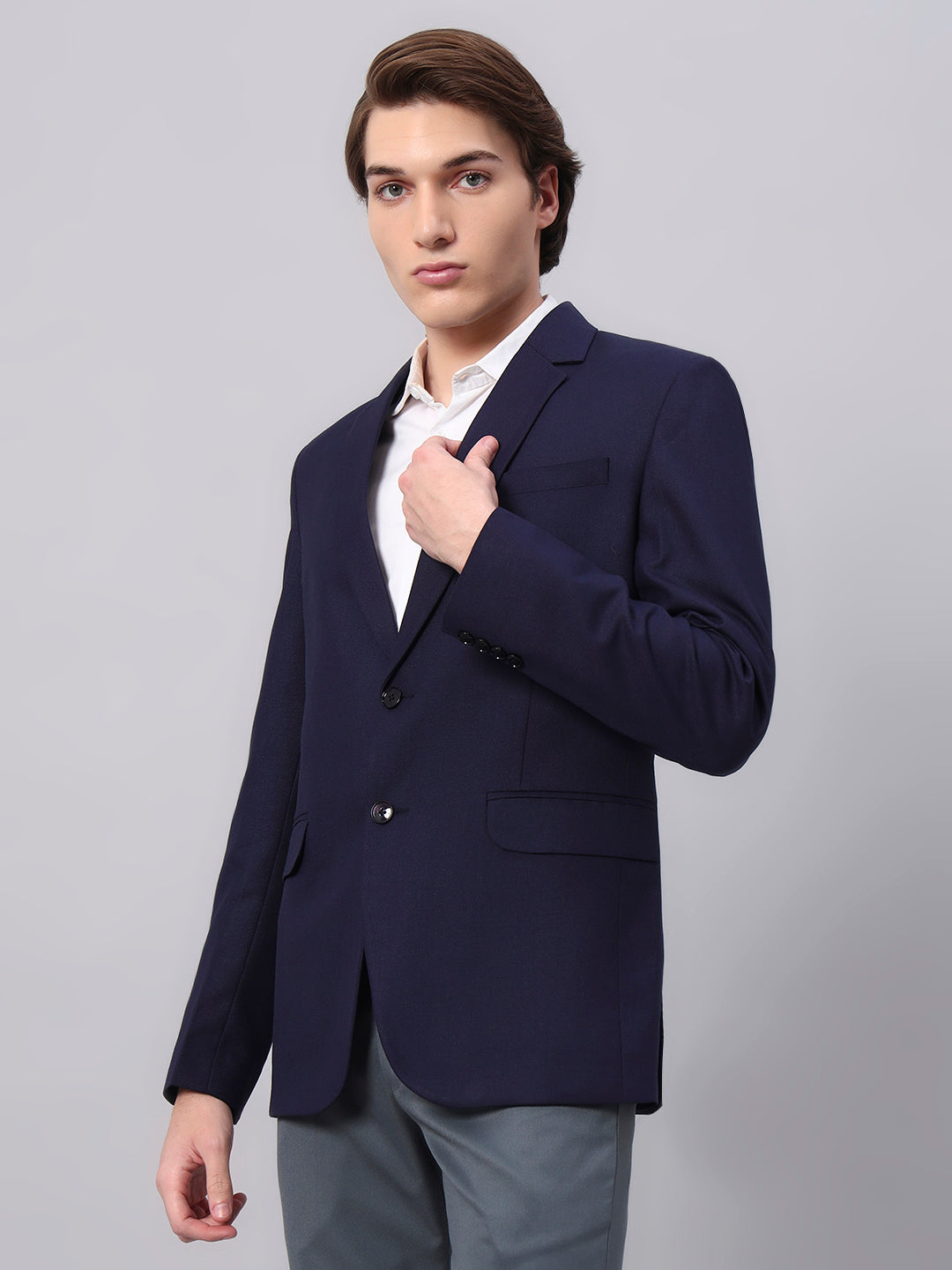 Clean minimal styling with navy blue viscose blazer