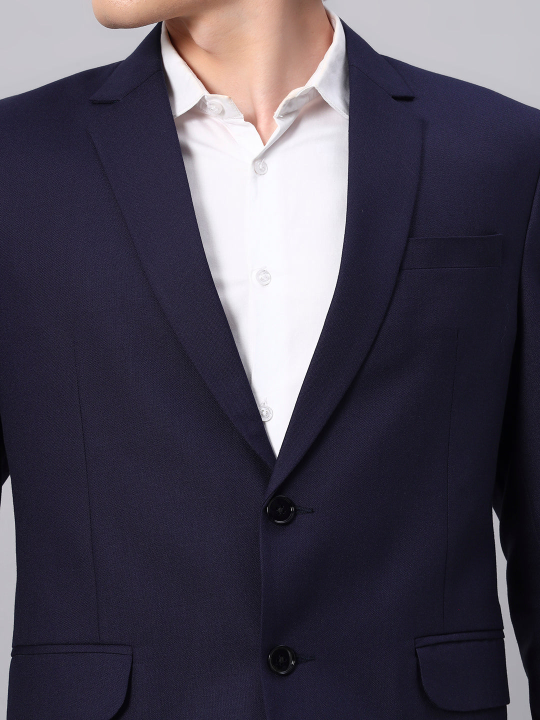 Close view of smooth viscose fabric in navy blazer