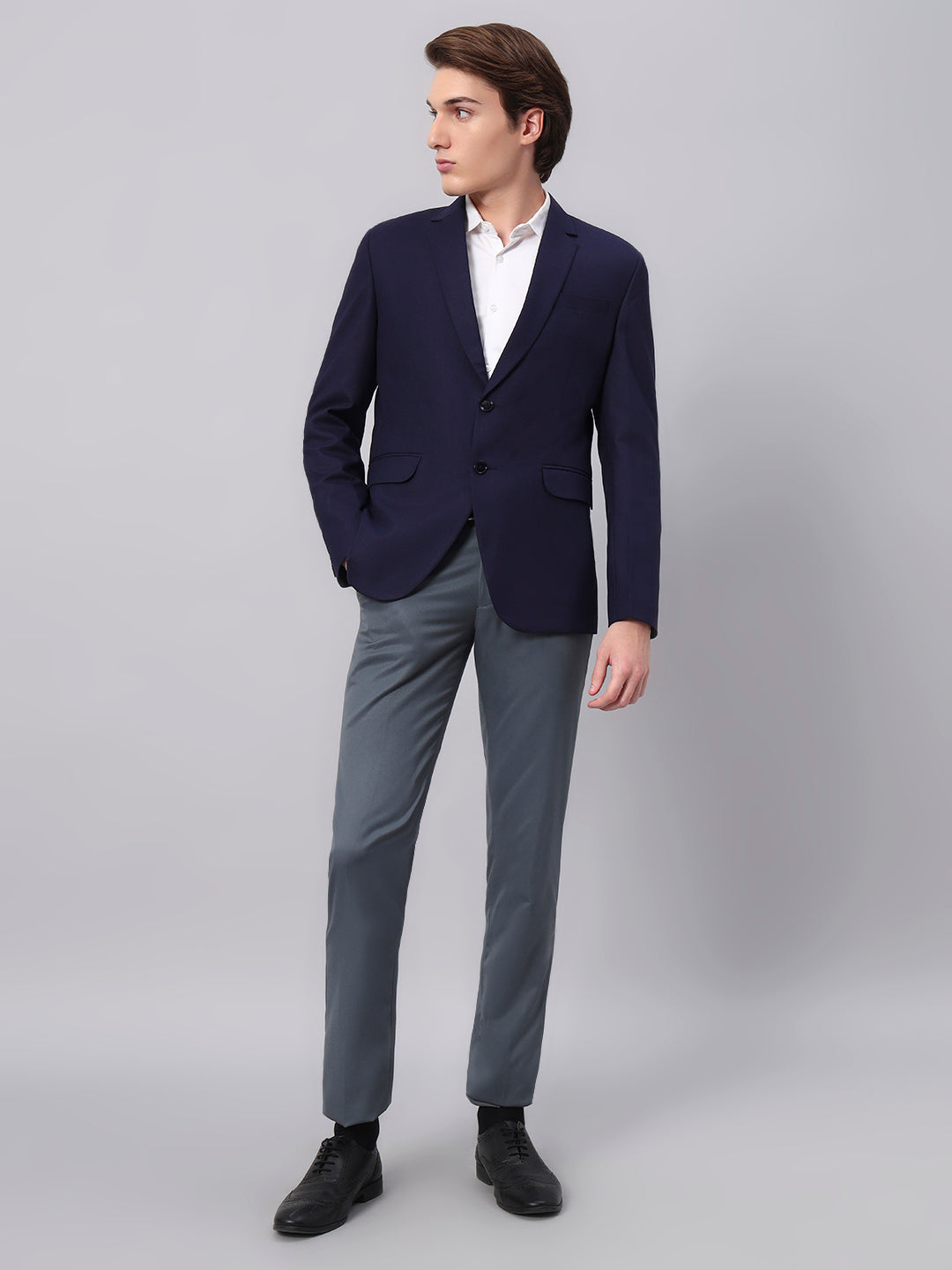 Refined tailoring and premium finish of navy blazer