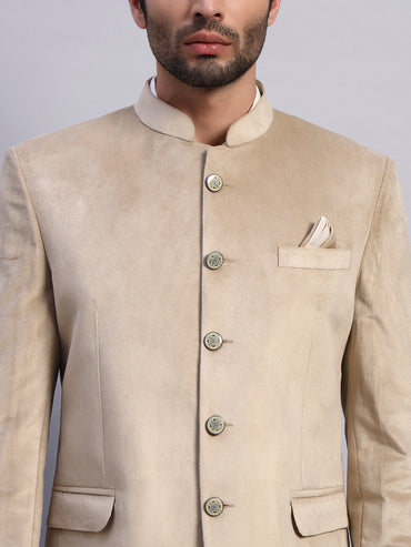 Men's Beige Velvet Bandhgala Party Wear Blazer