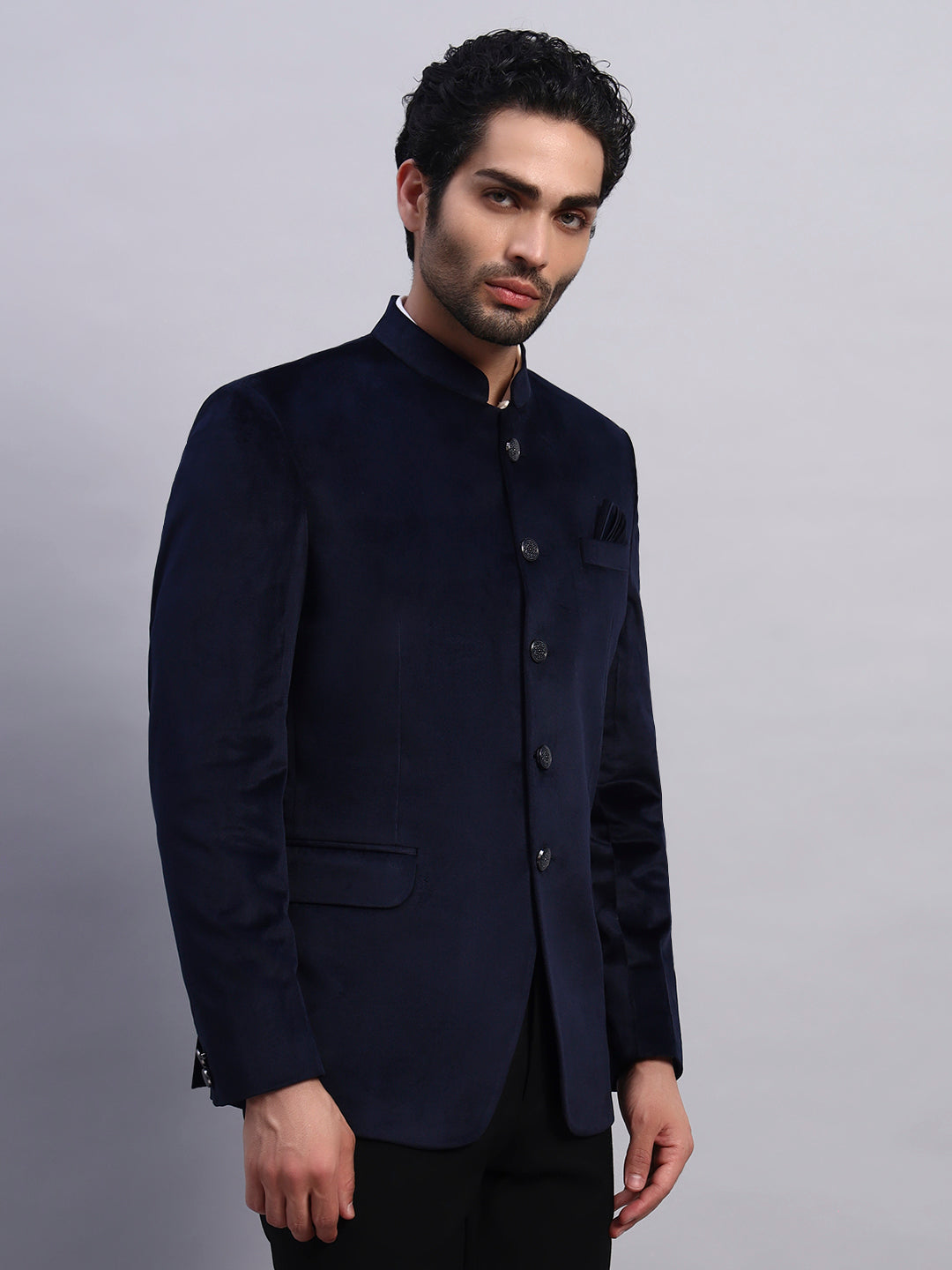 Men's Blue Velvet Bandhgala Party Wear Blazer