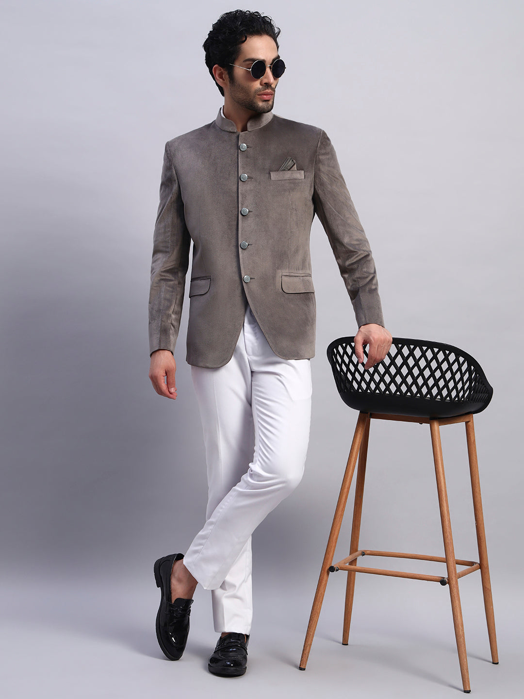 Men's Grey Velvet Bandhgala Party Wear Blazer