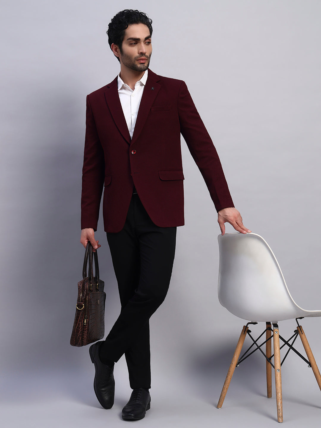 Evening ready outfit with wine stretch blazer