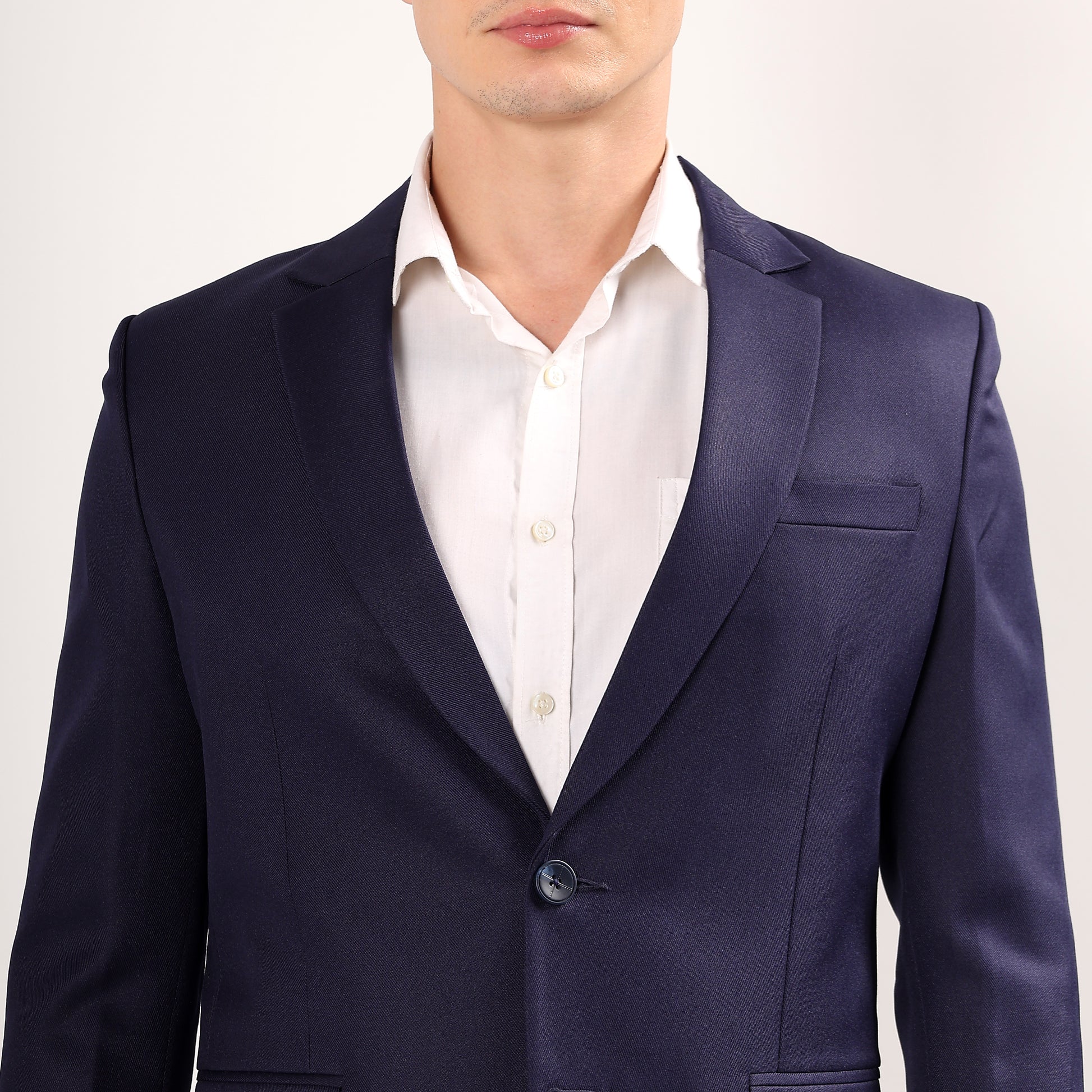Model wearing Darelooks navy blue blazer tailored silhouette with elegant two-button closure