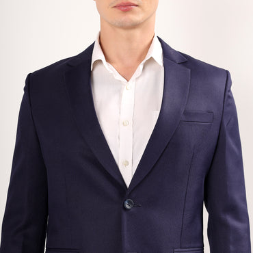 Model wearing Darelooks navy blue blazer tailored silhouette with elegant two-button closure