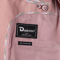 Notch lapel close up of Darelooks men's pastel pink blazer  clean structure and premium finish