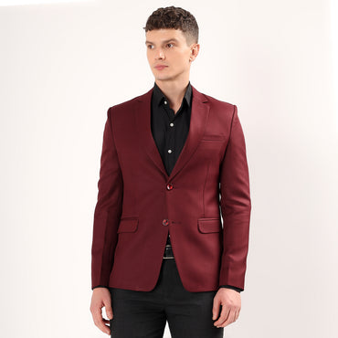 Model wearing Darelooks wine blazer tailored silhouette in rich polyester fabric perfect for receptions and events